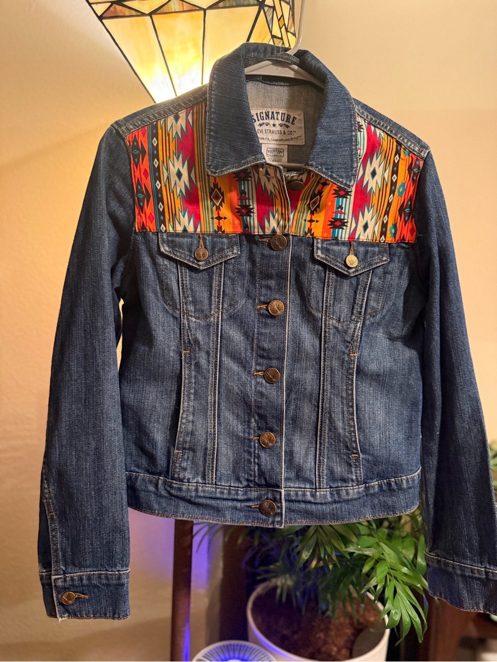 Signature by Levi Strauss Blue Denim Jacket with Southwestern Aztec Panels - Picture 3 of 7